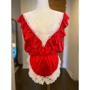 Lady Cameo Red Nylon Lace Trim‎ Ruffled Teddy Babydoll Lingerie Medium